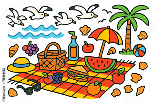 Seaside Picnic Doodles. Colorful Hand-drawn doodle Children illustration Seagulls flying above picnic by the sea seagulls, picnic basket, watermelon slice,