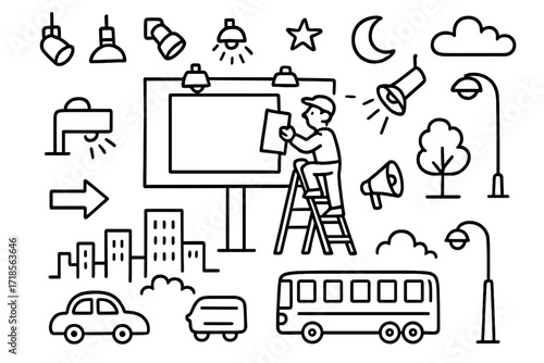 Nighttime City Doodle. Hand-drawn doodle illustration night billboard lights billboard, spotlight, star, moon, cloud, city skyline, car, bus, streetlight,