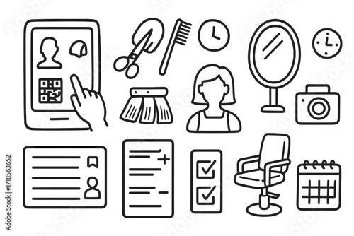 Hair Salon Doodle Icons. Hand-drawn doodle illustration [hair salon digital kiosk] [touchscreen, haircut icon, profile icon, QR code, scissors, brush, hair