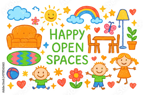 Colorful Doodle Decor. Colorful Hand-drawn doodle Children illustration Happy Open Spaces sofa, rug, dining table, lamp, rainbow, flower, butterfly, star, sun,