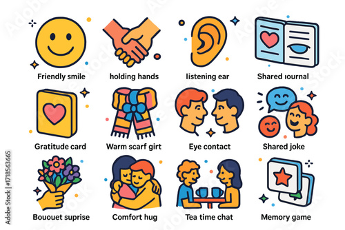 Emotional Care Icons. Colorful isometric vector icons set of companionship and emotional care: friendly smile, holding hands, listening ear, shared journal,