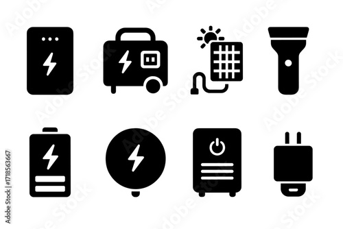 Portable Power Icons. Solid, filled icon set of portable power devices: power bank, portable generator, solar charger, flashlight, battery pack, wireless