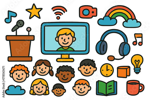 Virtual Conference Doodles. Colorful Hand-drawn doodle Children illustration Virtual Conference [computer, podium, microphone, headphones, audience faces,