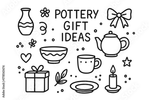 Pottery Gift Doodle. Hand-drawn doodle illustration Pottery gift ideas [vase, bowl, mug, teapot, plate, ribbon, gift box, flower, leaf, heart, star, swirl,
