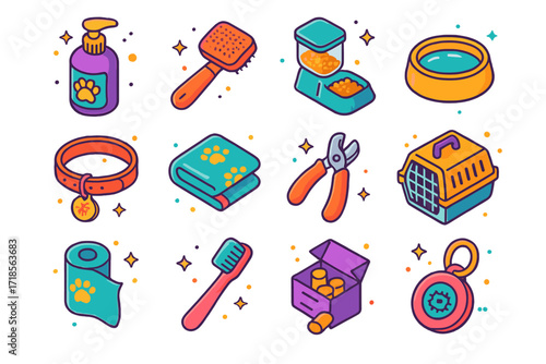 Puppy Care Essentials. Colorful isometric vector icons set of Puppy care essentials: puppy shampoo bottle, grooming brush, food dispenser, water bowl, flea