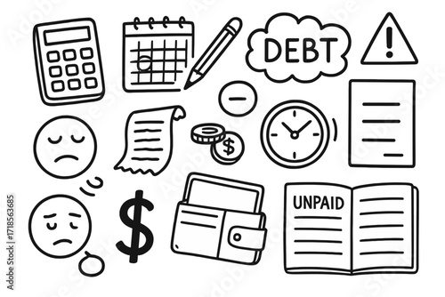 Budgeting Stress Doodle. Hand-drawn doodle illustration budgeting under pressure calculator, pencil, calendar, coins, open wallet, receipt pile, sigh emoji,