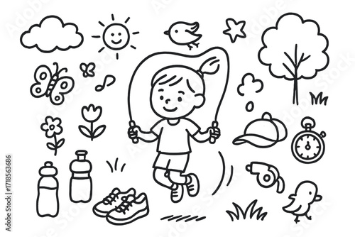 Jump Rope Doodle. Hand-drawn doodle illustration Outdoor rope skipping [jump rope, sun, cloud, tree, grass, sneakers, water bottle, sweat droplet, star,