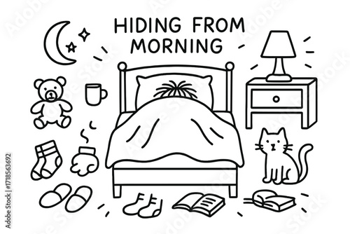 Cozy Morning Escape. Hand-drawn doodle illustration Hiding from morning, blanket, pillow, bed, person, alarm clock, lamp, nightstand, book, slippers, socks,