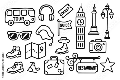 City Tour Doodles. Hand-drawn doodle illustration guided city excursion bus, headphones, ticket, guide flag, skyscraper, clock tower, monument, street lamp,