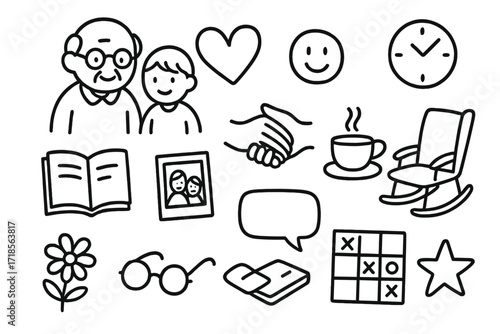 Intergenerational Bonding Icons. Hand-drawn doodle illustration [intergenerational bonding] [grandparent, child, heart, smiley face, book, photo frame, tea