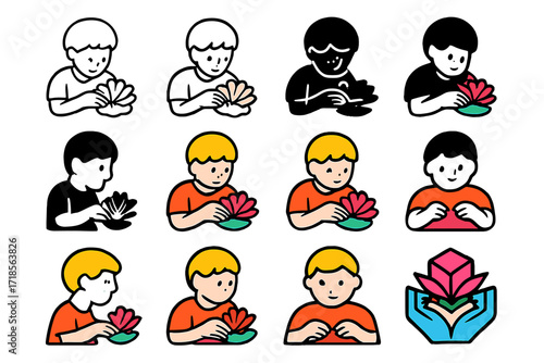 Colorful Tissue Flower Logos. Set Logo of Kids Making Tissue Paper Flowers: Child?s fingers fluffing petals. Logo set in vector style, emblematic variations.