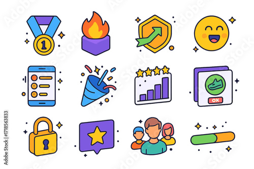 Colorful Fitness Icon Grid. Colorful isometric vector icons set of treadmill running motivation: medal icon, daily streak flame, goal badge, cheering emoji,