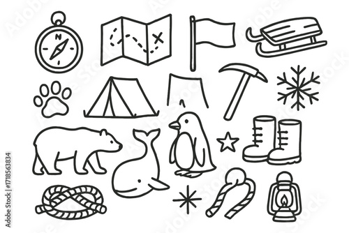 North Pole Doodle Icons. Hand-drawn doodle illustration North Pole exploration compass, map, sled, dog paw, tent, flag, ice pick, snowflake, polar bear, whale,