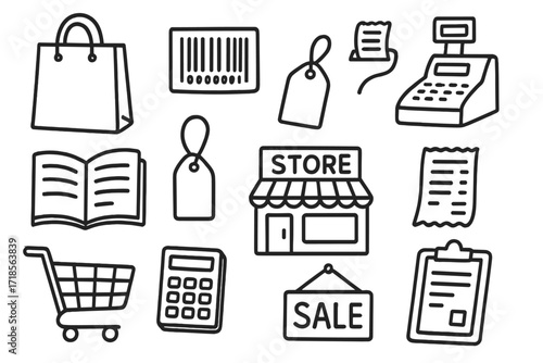 Retail Doodle Icons. Retail. Hand-drawn doodle illustration catalog, shopping bag, barcode, cash register, price tag, receipt, store building, cart,