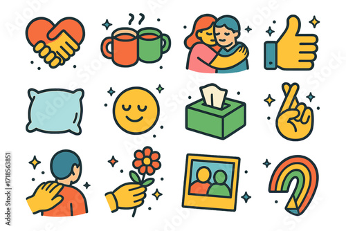 Friendship Icons Grid. Colorful isometric vector icons set of friendship confessions: heart handshake, two mugs of tea, comfort hug, thumbs up, soft pillow,