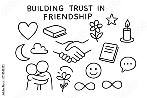 Building Trust Symbols. Hand-drawn doodle illustration Building trust in friendship [two hands, handshake, heart, book, flower, star, candle, notebook, speech