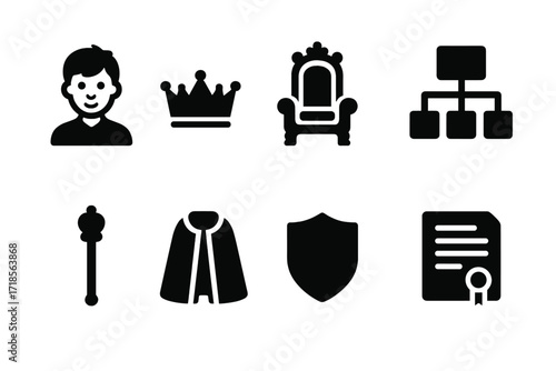 Future Heir Icons. Solid, filled icon set of future heir: young prince, crown, throne, family tree, scepter, royal robe, heraldic shield, inheritance document.