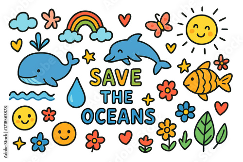 Ocean Doodle Illustration. Colorful Hand-drawn doodle Children illustration Save the Oceans fish, whale, dolphin, water droplet, wave, rainbow, sun, star,