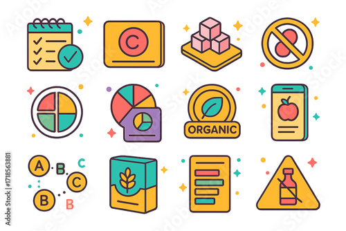 Colorful Nutrition Icon Set. Colorful isometric vector icons set of Nutrition & Food Labels: ingredient list, calories per serving label, sugar content icon,