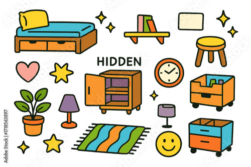 Colorful Kids' Furniture Doodles. Colorful Hand-drawn doodle Children illustration Hidden storage furniture under-bed drawers, wall shelf, hidden cabinet,