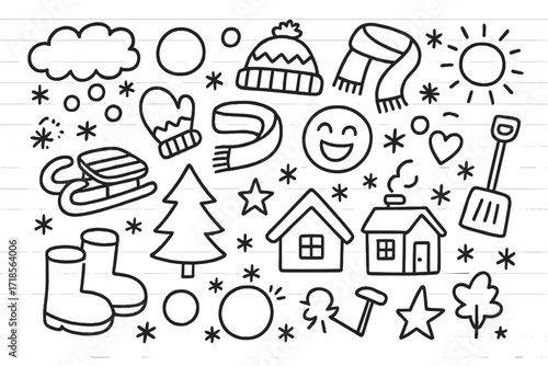 Winter Fun Doodles. Hand-drawn doodle illustration Snowball fight [snowball, mitten, hat, scarf, snowflake, sled, pine tree, cloud, sun, house, boots, laughing