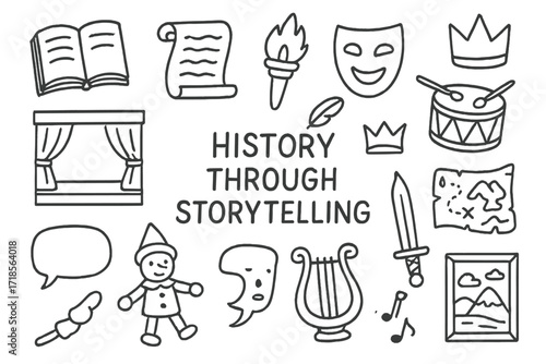 Storytelling History Doodles. History through storytelling. Hand-drawn doodle illustration history through storytelling book, scroll, quill, torch, mask,