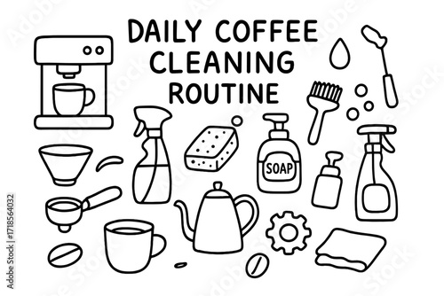 Coffee Cleaning Essentials. Hand-drawn doodle illustration Daily coffee cleaning routine espresso machine, mug, water droplet, bubbles, sponge, brush, soap