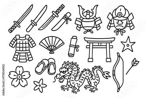 Samurai Symbols Doodle. Hand-drawn doodle illustration samurai sword props katana, tanto, wakizashi, scabbard, helmet, armor, fan, scroll, torii gate, star,