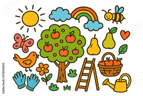 Orchard Doodle Fun. Colorful Hand-drawn doodle Children illustration Orchard Life [apple tree, pear, basket, ladder, flower, bird, butterfly, sun, cloud,