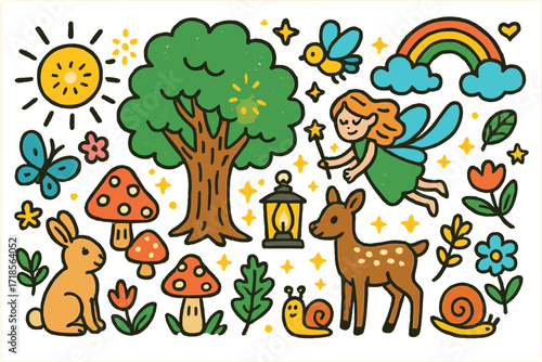 Magical Woodland Doodles. Colorful Hand-drawn doodle Children illustration Magical woodland glow [sparkling sun, tall oak tree, fairy, glowing lantern, rabbit,