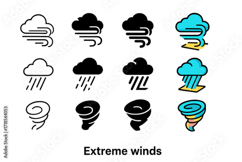 Extreme Wind Icons. Icon Set of Extreme Winds: Gust Front, Microburst, Whirlwind. Icons set in vector style, emblematic variations. Gust Front line, Gust Front