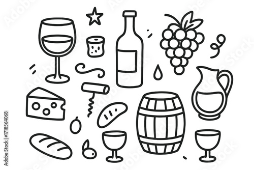 Wine Tasting Doodles. Hand-drawn doodle illustration Wine tasting wine glass, bottle, grapes, cheese wedge, cork, corkscrew, barrel, bread, olive, cluster of