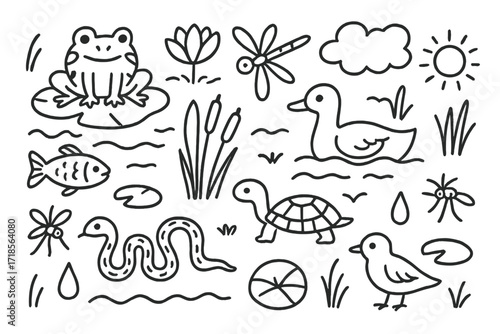 Wetland Creatures Doodle. Wetlands. Hand-drawn doodle illustration wetlands frog, duck, dragonfly, fish, reed, lotus, turtle, snake, bird, cloud, water