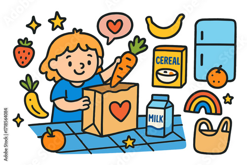 Joyful Grocery Unpacking. Colorful Hand-drawn doodle Children illustration Grocery unpacking with love paper bag, heart icon, carrot, banana, strawberry,