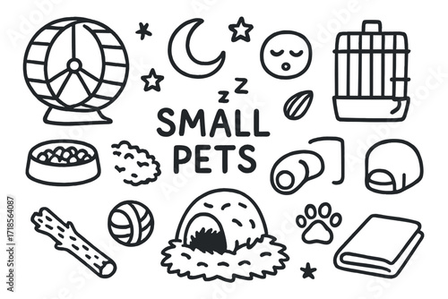 Nighttime Small Pet Doodles. Hand-drawn doodle illustration small pets at night hamster wheel, cage, water bottle, food dish, bedding, nest, tunnel, chew