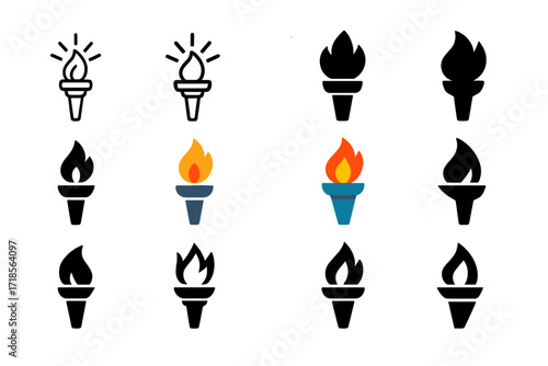 Radiant Torch Logos. Set Logo of Inspirational quotes and motivational ideas: torch with radiant flame. Logo set in vector style, emblematic variations. line,