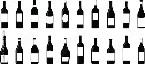Bottle silhouette icons, packaging design set, black and white shapes, label variation graphic, product branding vector, isolated container styles, beverage bottle collection