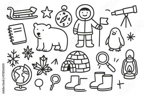 Arctic Exploration Doodles. Hand-drawn doodle illustration Arctic explorers [sled, compass, telescope, notebook, polar bear, penguin, igloo, ice crystal,