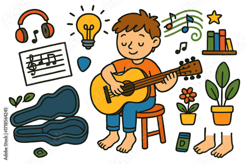 Colorful Guitar Practice Doodle. Colorful Hand-drawn doodle Children illustration Acoustic Guitar Practice guitar, music sheet, pick, hand strumming, stool,