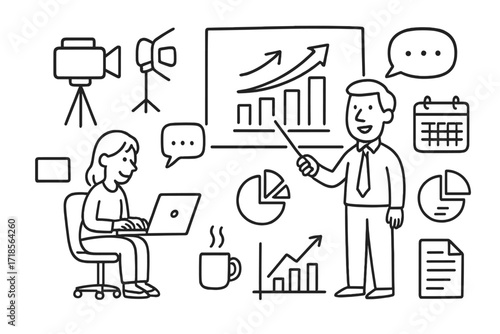 Office Video Presentation Setup. Hand-drawn doodle illustration Office team recording a presentation video camera, tripod, laptop, bar chart, speech bubble,