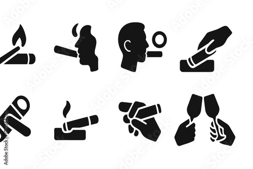 Cigar Ritual Icons. Solid, filled icon set of cigar smoking rituals: lighting cigar, puffing smoke, blowing smoke ring, tapping ash, cutting tip, resting