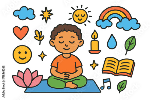 Meditative Doodle Icons. Colorful Hand-drawn doodle Children illustration Deep Meditation [yoga mat, lotus flower, heart, spark, rainbow, star, candle, sun,