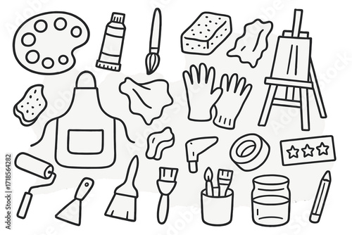 Art Supplies Doodle. Hand-drawn doodle illustration [Painting supplies] [palette, tube of paint, paintbrush, sponge, rag, apron, gloves, easel, tape, stencil,