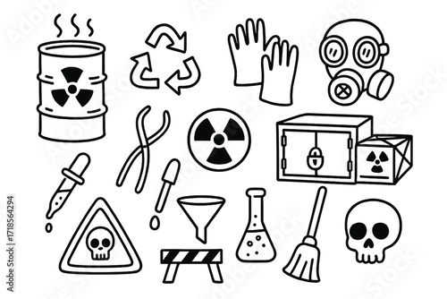 Toxic Waste Safety Icons. Hand-drawn doodle illustration toxic waste management barrel, recycling arrows, gloves, gas mask, tongs, radioactive icon, locked