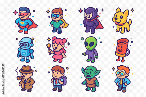 Cartoon Character Icons. Colorful isometric vector icons set of cartoon character archetypes: superhero, sidekick, villain, animal mascot, robot, magical girl,