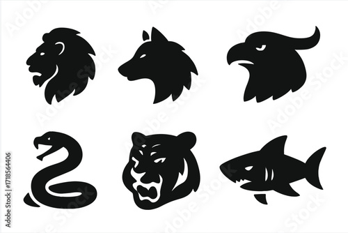Rivalry Animals Icons. Solid, filled icon set of rivalry animals: lion, wolf, eagle, bull, snake, tiger, bear, shark. Solid, filled icons in only black color.