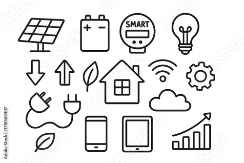 Energy Management Icons. Hand-drawn doodle illustration energy management solar panel, battery, smart meter, light bulb, plug, house, arrow down, arrow up,