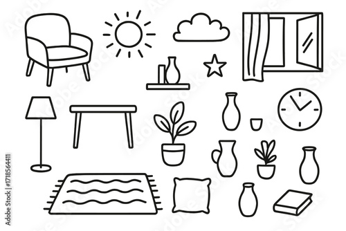 Minimalist Home Decor Sketch. Hand-drawn doodle illustration Minimalist spacious design chair, table, lamp, rug, pillow, shelf, vase, plant, clock, sun, cloud,
