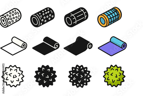 Recovery Coaching Icons. Icon Set of Recovery coaching: foam roller, stretching mat, massage ball. Icons set in vector style, emblematic variations. Foam