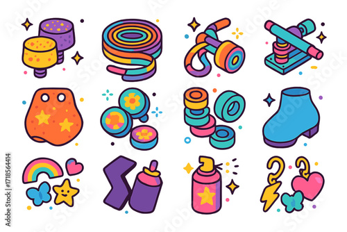 Skate Accessory Icons. Hyper-realistic studio photo on a white background, featuring a red fade to blue drink in a glass slightly behind the main character.